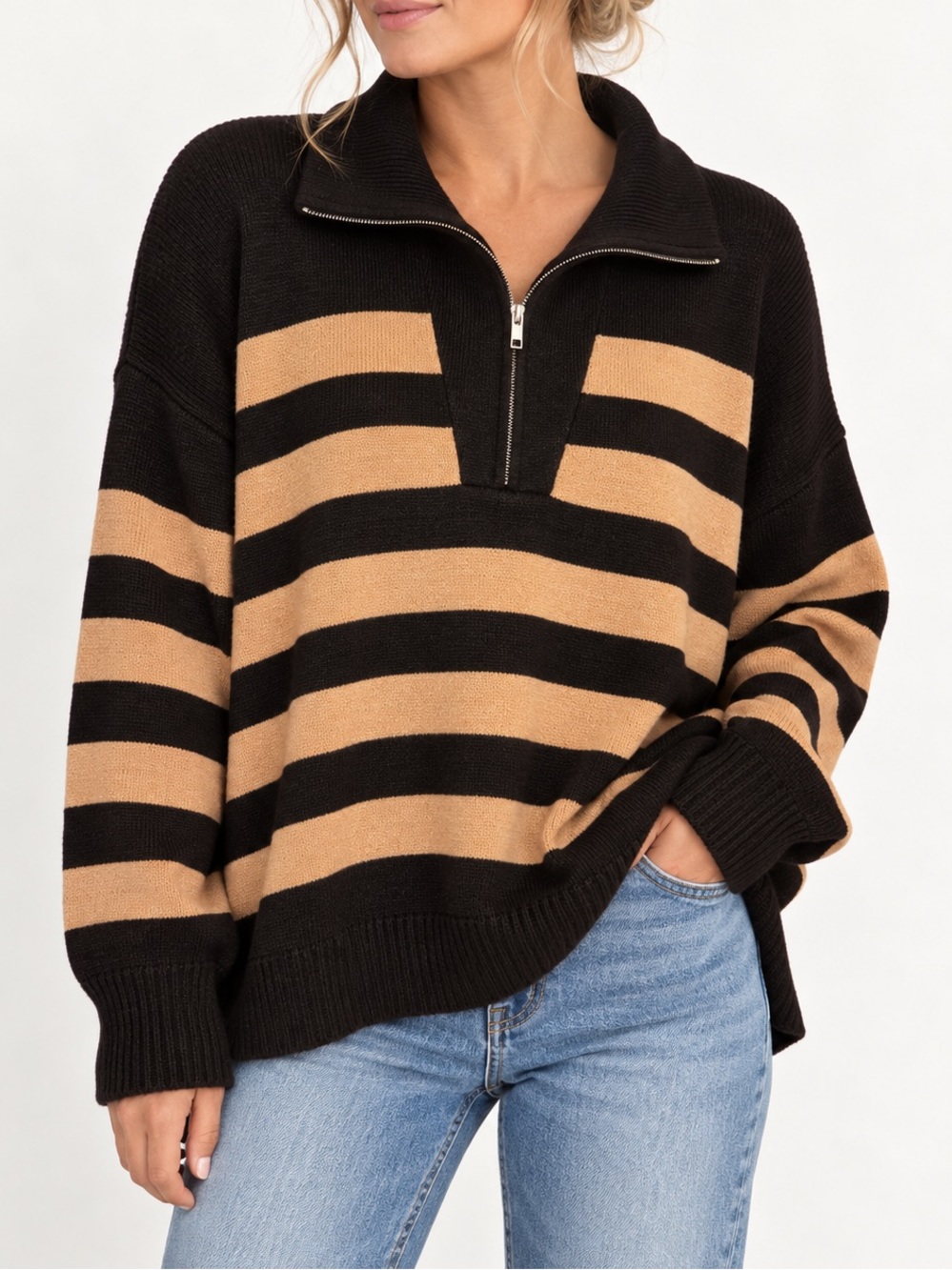 Pink Lily Black and Tan Striped Zip-Neck Sweater
